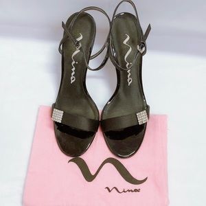 Nina Cason Black Satin Dress Sandals Rhinestone 8